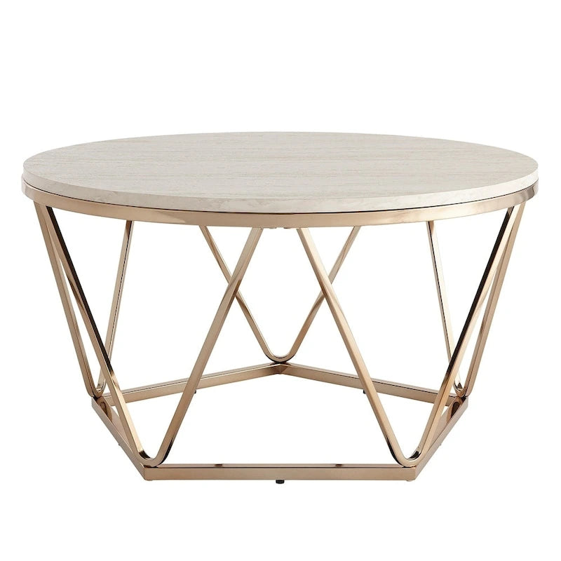 Round Faux Marble Coffee Table with Gold Geometric Metal Base