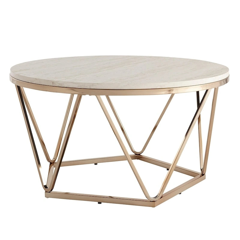 Round Faux Marble Coffee Table with Gold Geometric Metal Base
