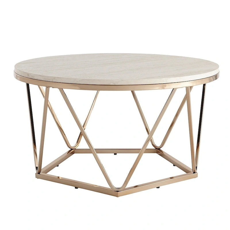 Round Faux Marble Coffee Table with Gold Geometric Metal Base