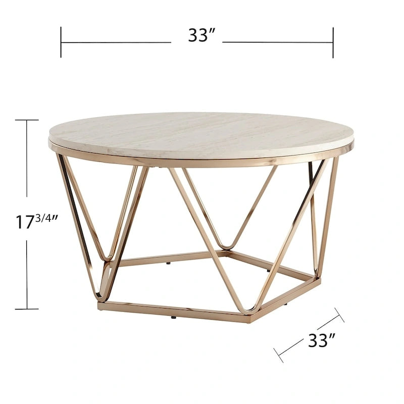 Round Faux Marble Coffee Table with Gold Geometric Metal Base