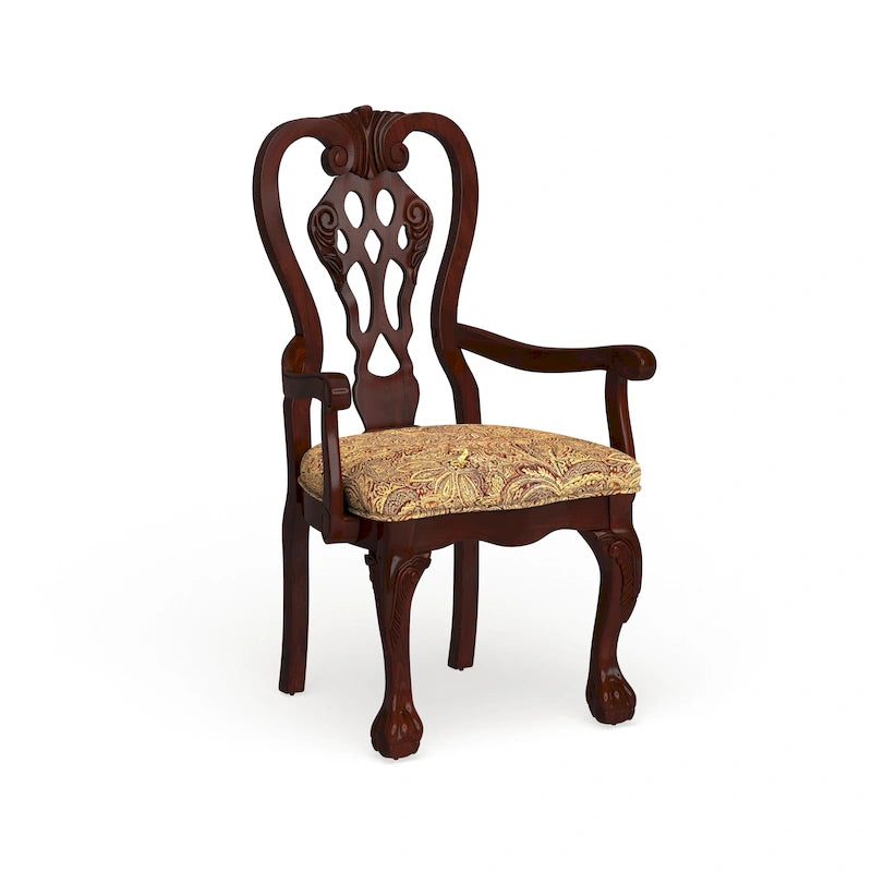 Brown Cherry Carved Wood Upholstered Dining Arm Chair with Paisley Cushion