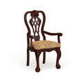Brown Cherry Carved Wood Upholstered Dining Arm Chair with Paisley Cushion