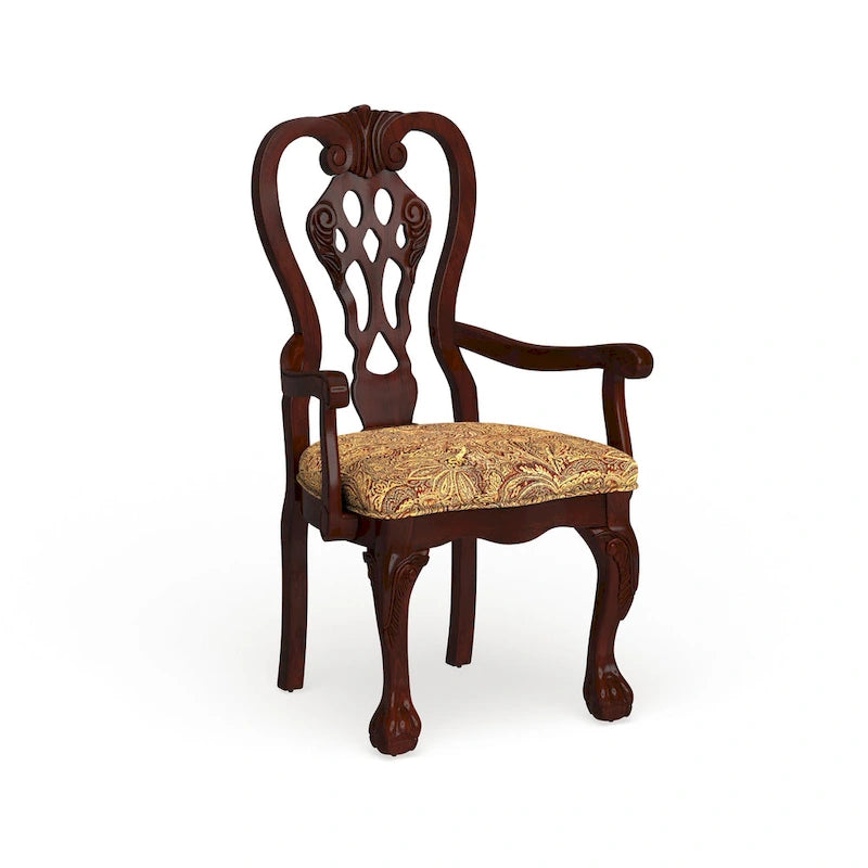 Brown Cherry Carved Wood Upholstered Dining Arm Chair with Paisley Cushion