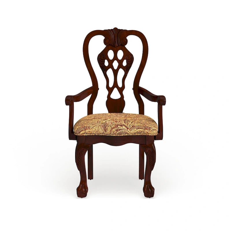 Brown Cherry Carved Wood Upholstered Dining Arm Chair with Paisley Cushion