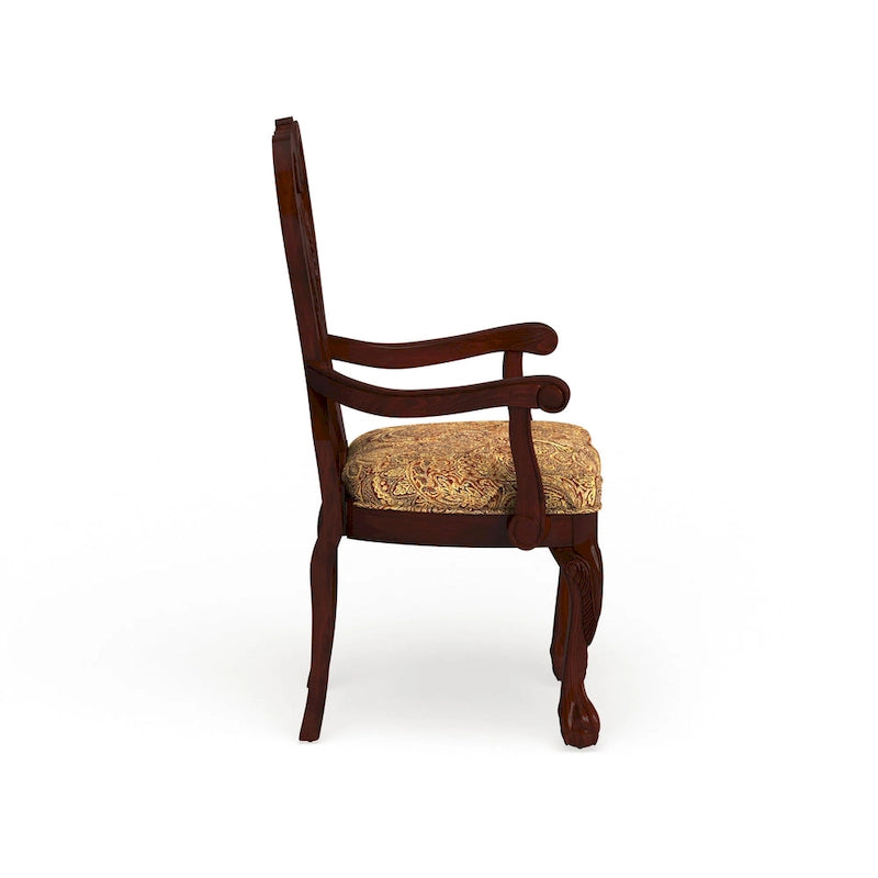 Brown Cherry Carved Wood Upholstered Dining Arm Chair with Paisley Cushion
