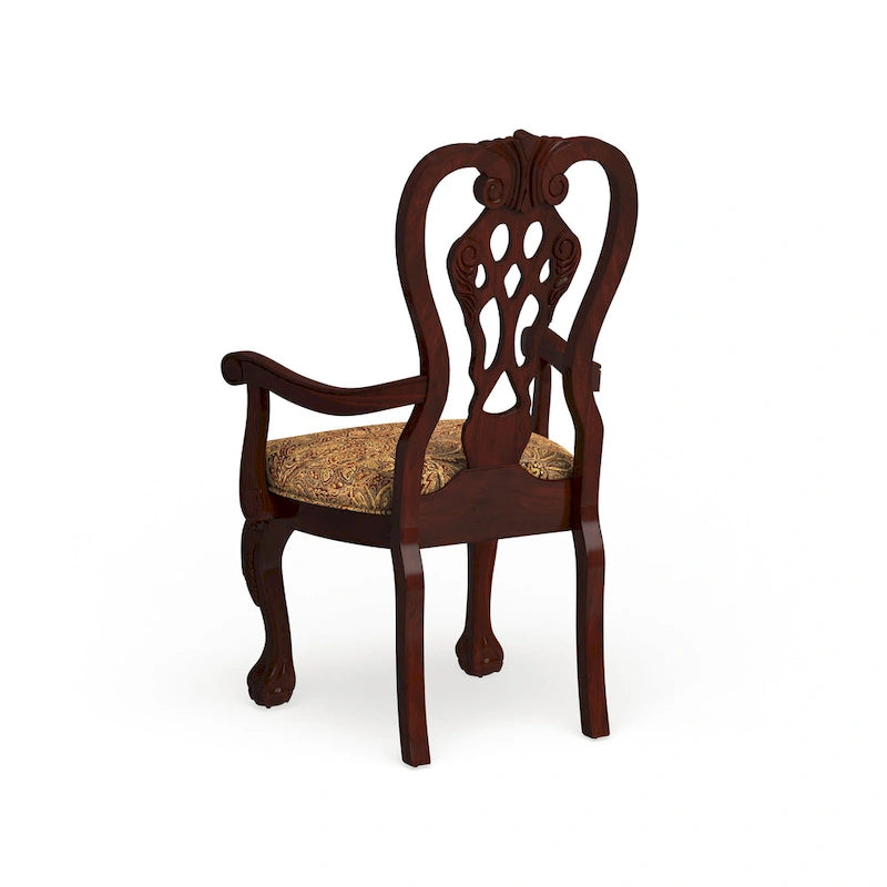 Brown Cherry Carved Wood Upholstered Dining Arm Chair with Paisley Cushion