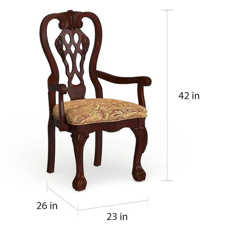 Brown Cherry Carved Wood Upholstered Dining Arm Chair with Paisley Cushion