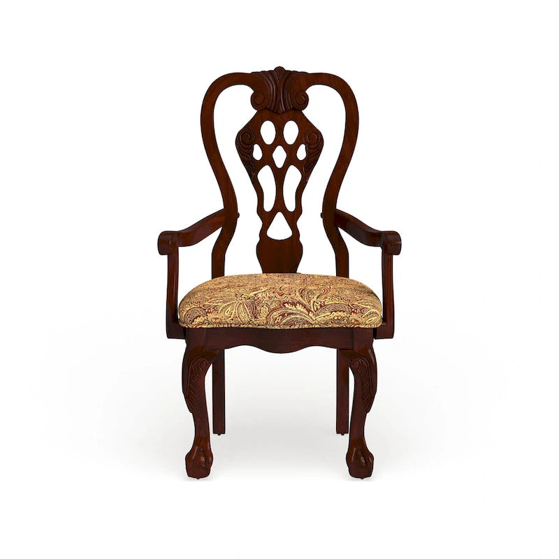 Brown Cherry Carved Wood Upholstered Dining Arm Chair with Paisley Cushion