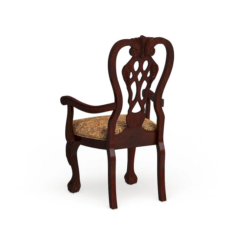Brown Cherry Carved Wood Upholstered Dining Arm Chair with Paisley Cushion