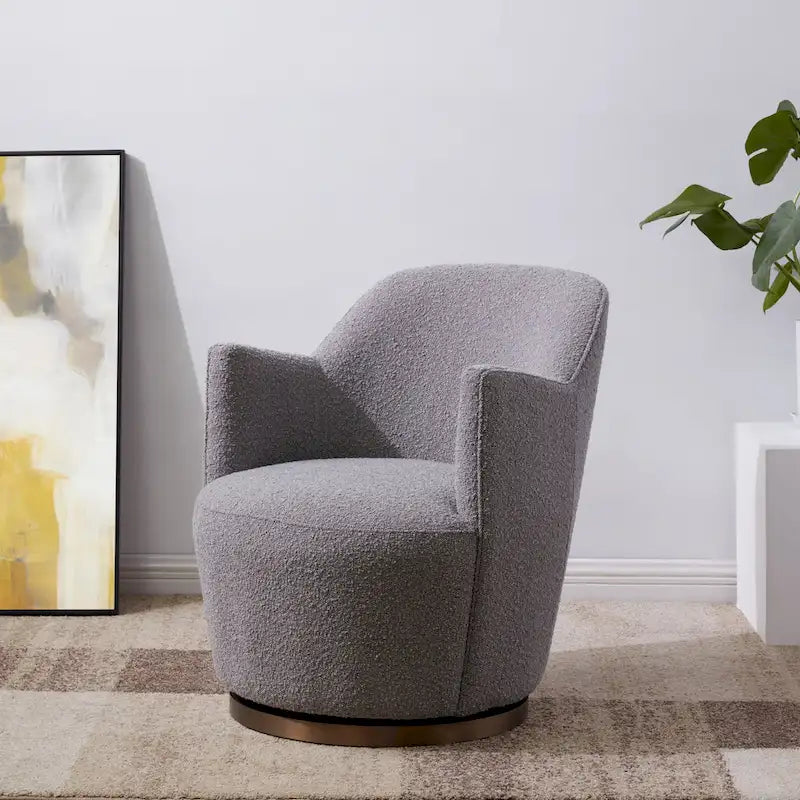 Boucle Upholstered Drum Swivel Accent Chair with Stainless Steel Base, Ivory & Light Grey