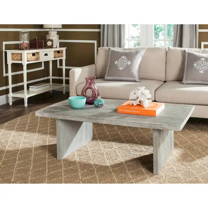 Mid-Century Rectangular Solid Wood Coffee Table Brown Grey Wash