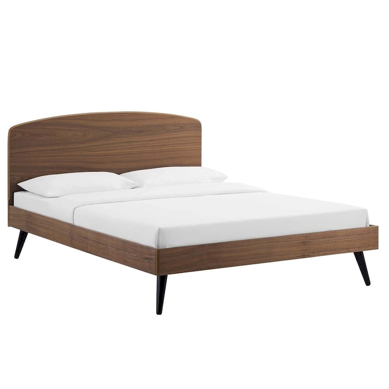 Walnut King Wood Platform Bed with Arched Headboard Mid-Century Modern
