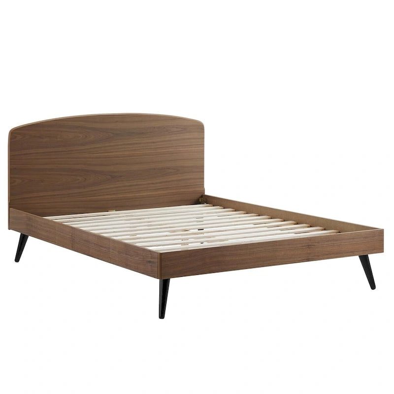 Walnut King Wood Platform Bed with Arched Headboard Mid-Century Modern