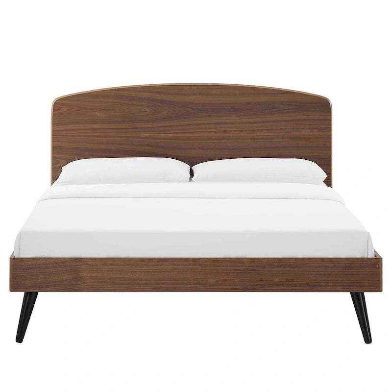 Walnut King Wood Platform Bed with Arched Headboard Mid-Century Modern