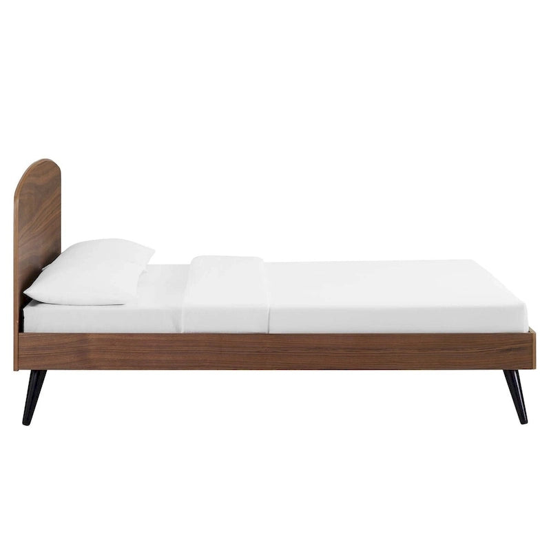 Walnut King Wood Platform Bed with Arched Headboard Mid-Century Modern