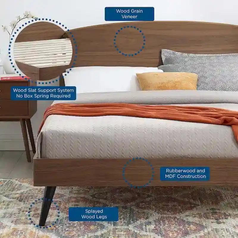 Walnut King Wood Platform Bed with Arched Headboard Mid-Century Modern
