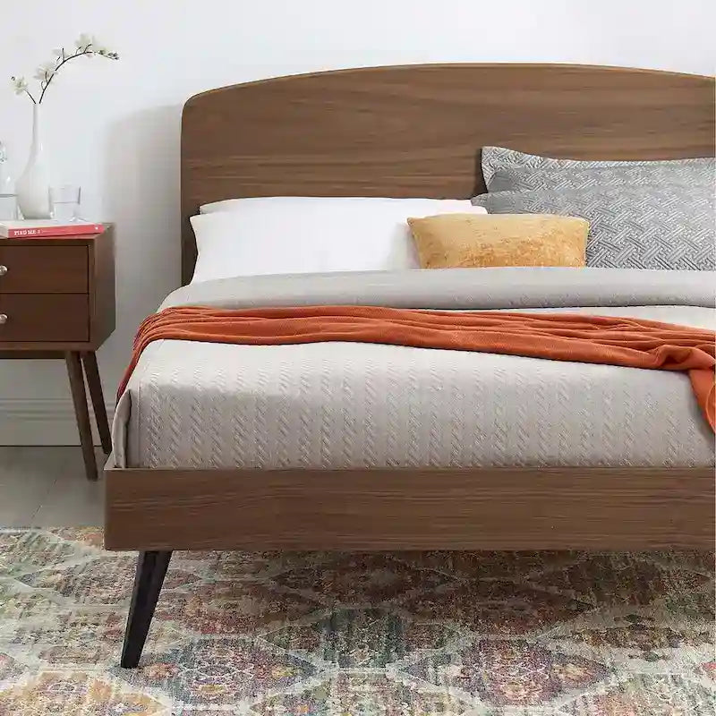 Walnut King Wood Platform Bed with Arched Headboard Mid-Century Modern