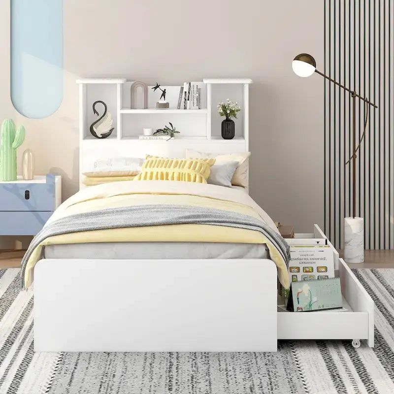 Storage Platform Bed with Bookcase Headboard and Under-Bed Drawers