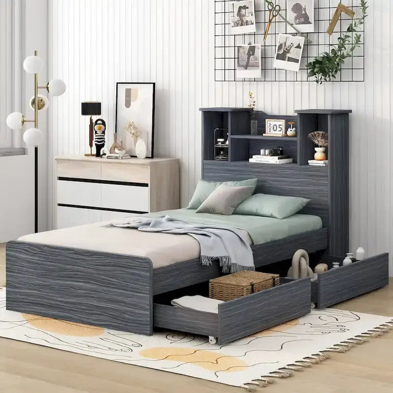 Storage Platform Bed with Bookcase Headboard and Under-Bed Drawers