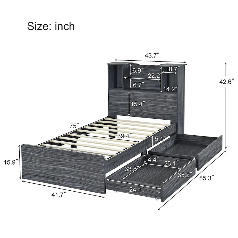 Storage Platform Bed with Bookcase Headboard and Under-Bed Drawers