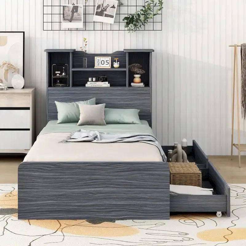 Storage Platform Bed with Bookcase Headboard and Under-Bed Drawers