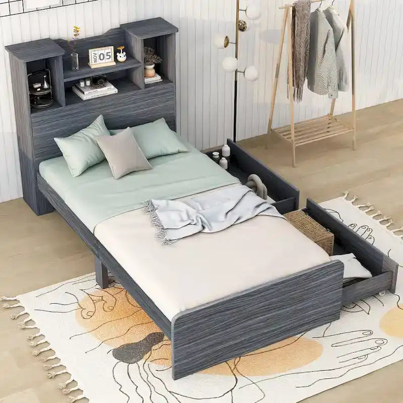 Storage Platform Bed with Bookcase Headboard and Under-Bed Drawers