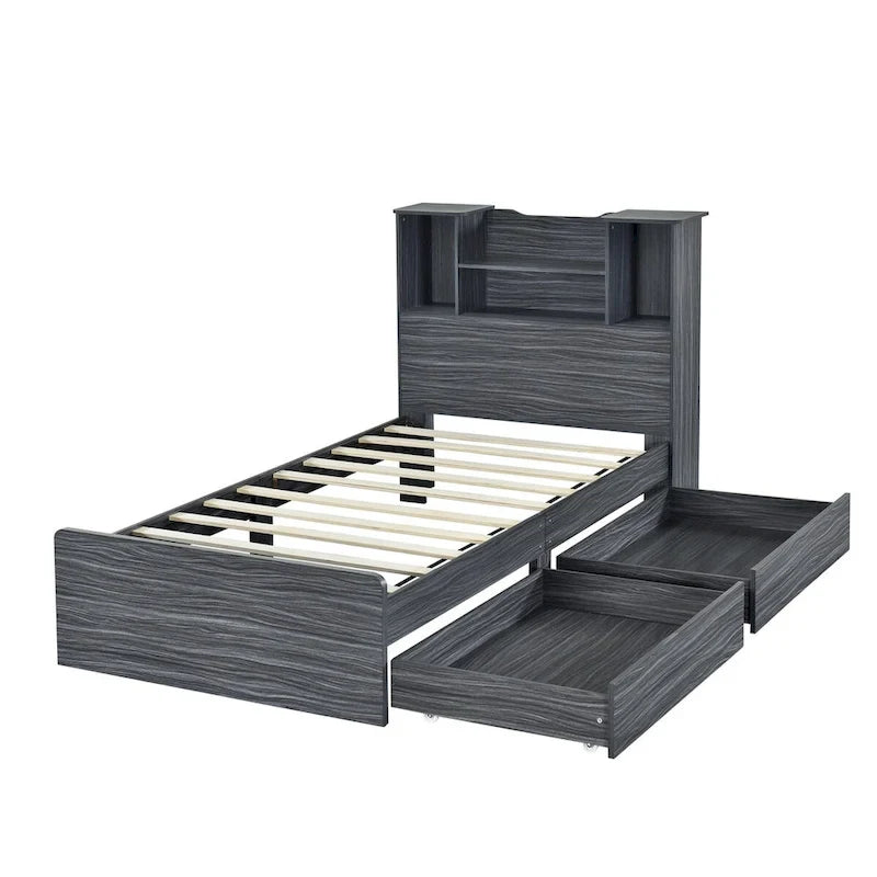 Storage Platform Bed with Bookcase Headboard and Under-Bed Drawers