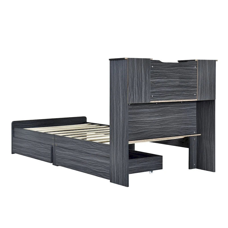 Storage Platform Bed with Bookcase Headboard and Under-Bed Drawers