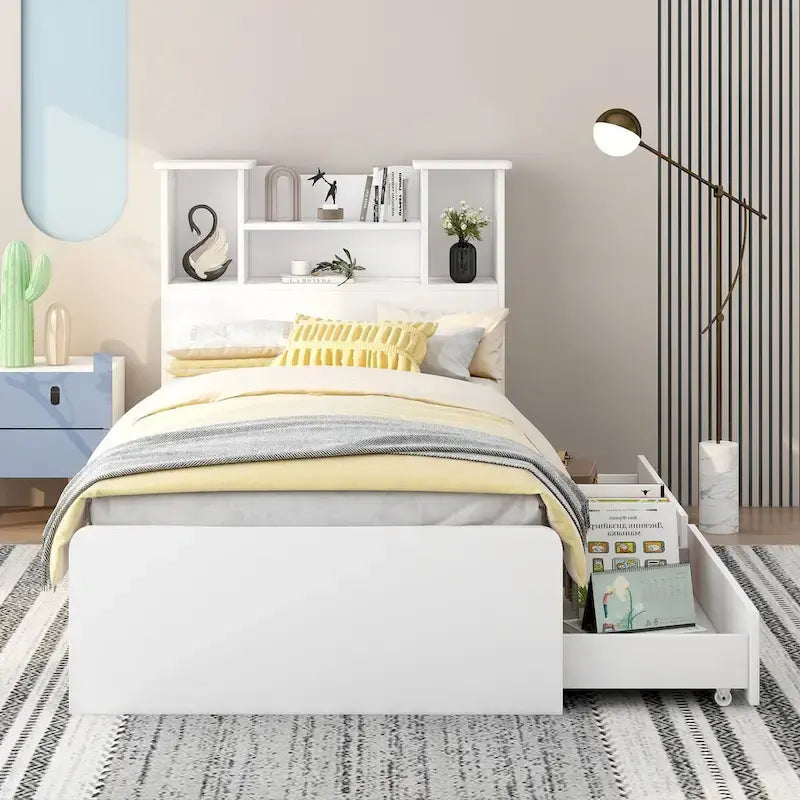Storage Platform Bed with Bookcase Headboard and Under-Bed Drawers