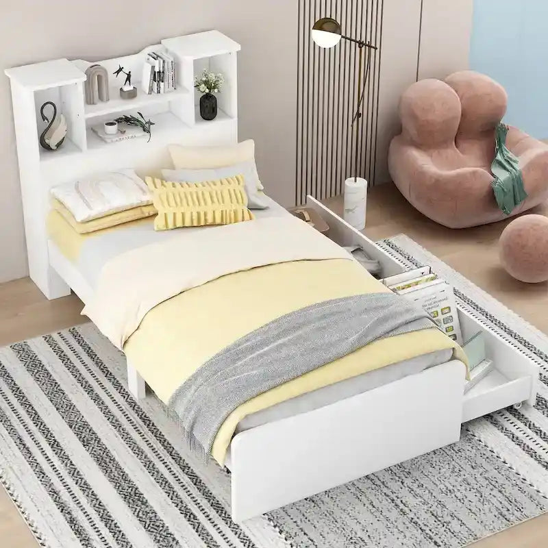 Storage Platform Bed with Bookcase Headboard and Under-Bed Drawers
