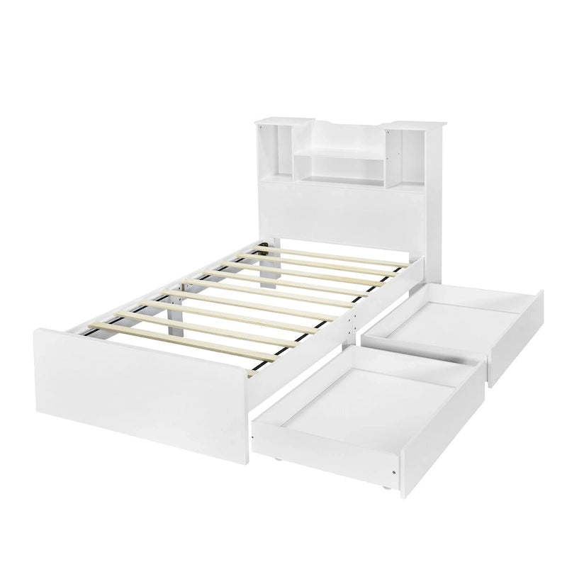 Storage Platform Bed with Bookcase Headboard and Under-Bed Drawers
