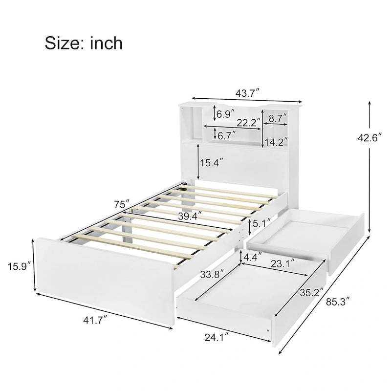 Storage Platform Bed with Bookcase Headboard and Under-Bed Drawers