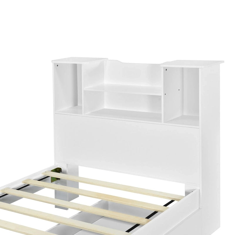 Storage Platform Bed with Bookcase Headboard and Under-Bed Drawers