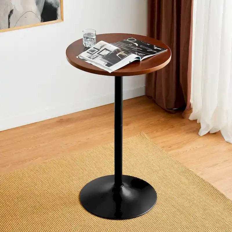 Round Bistro Pub Bar Table with Walnut Veneer Top and Black Metal Base