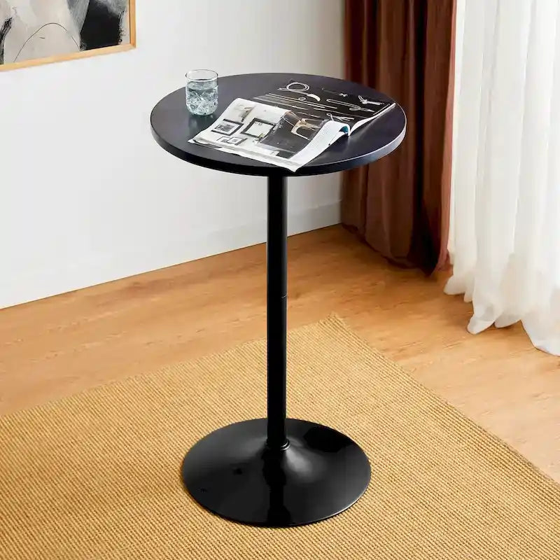 Round Bistro Pub Bar Table with Walnut Veneer Top and Black Metal Base