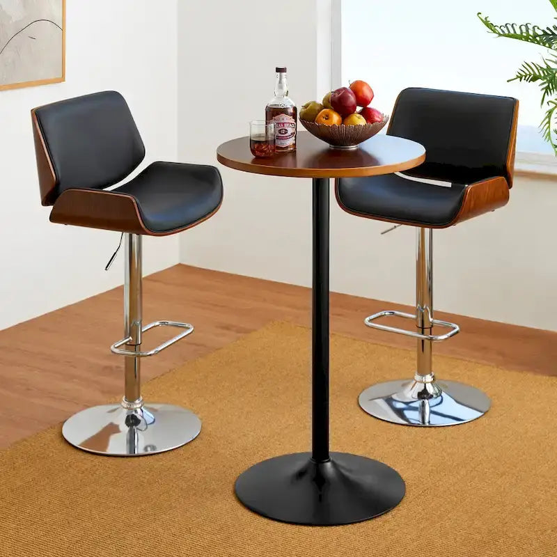 Round Bistro Pub Bar Table with Walnut Veneer Top and Black Metal Base