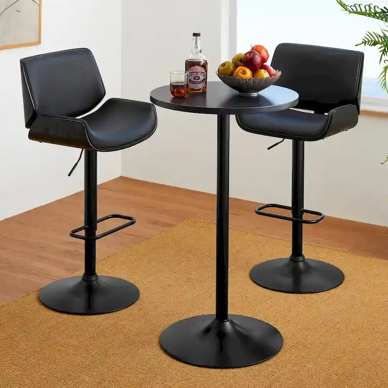 Round Bistro Pub Bar Table with Walnut Veneer Top and Black Metal Base