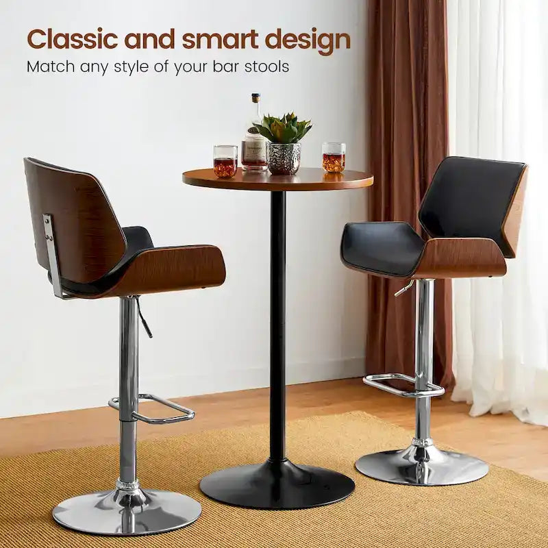 Round Bistro Pub Bar Table with Walnut Veneer Top and Black Metal Base