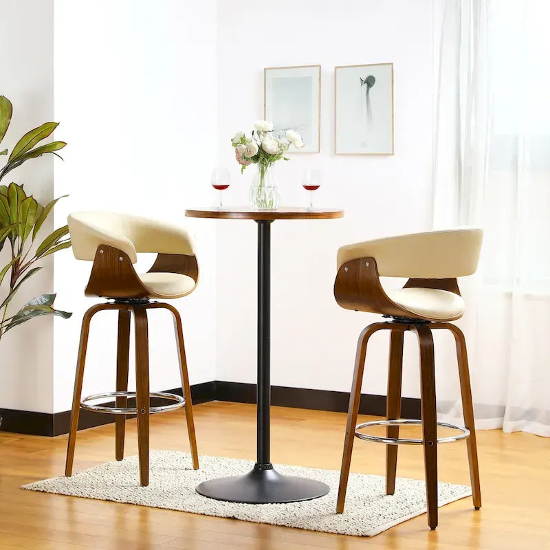 Round Bistro Pub Bar Table with Walnut Veneer Top and Black Metal Base