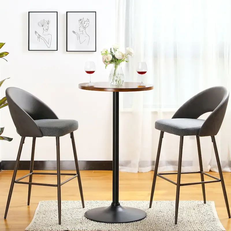 Round Bistro Pub Bar Table with Walnut Veneer Top and Black Metal Base