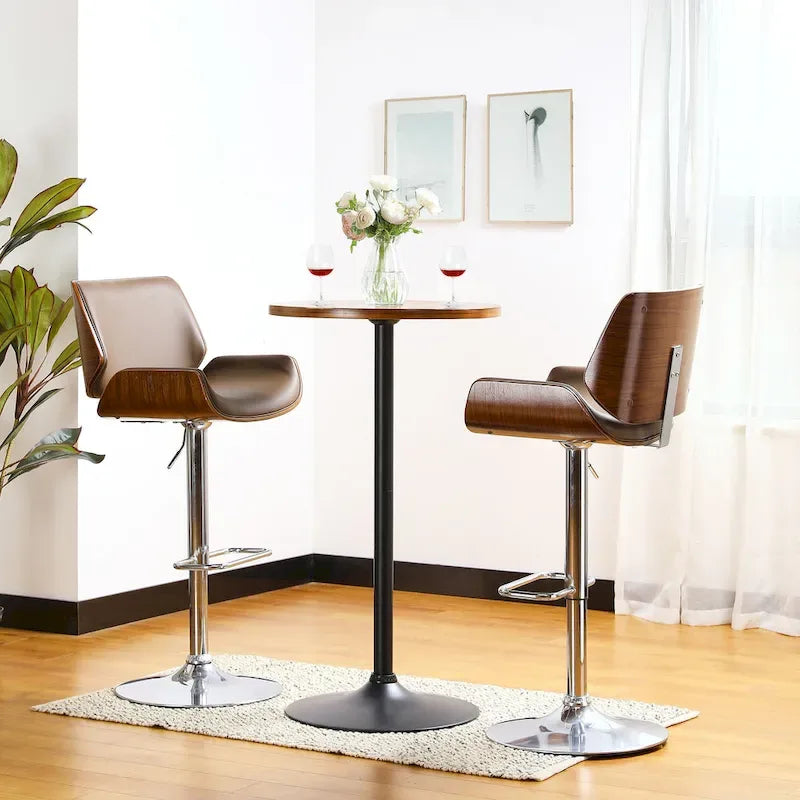 Round Bistro Pub Bar Table with Walnut Veneer Top and Black Metal Base