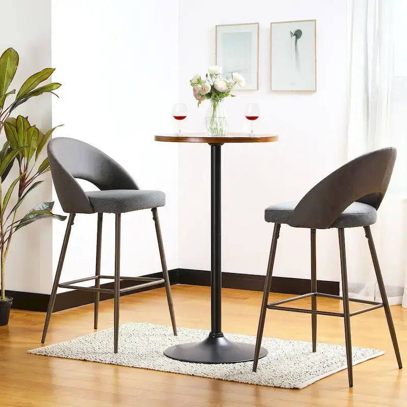 Round Bistro Pub Bar Table with Walnut Veneer Top and Black Metal Base