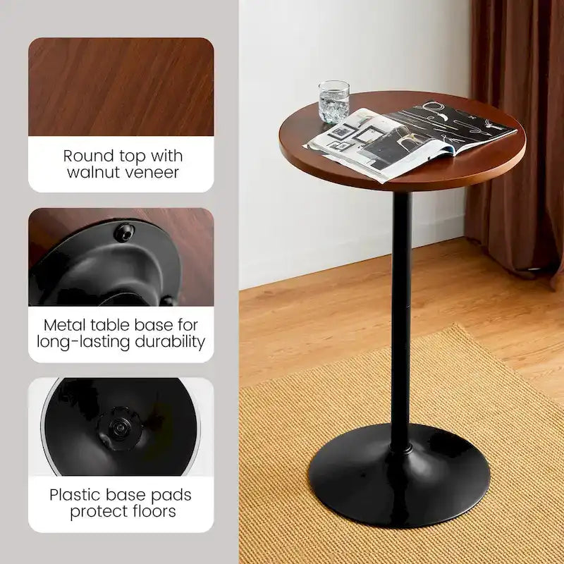 Round Bistro Pub Bar Table with Walnut Veneer Top and Black Metal Base