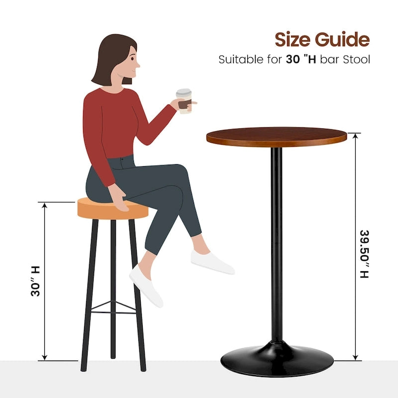 Round Bistro Pub Bar Table with Walnut Veneer Top and Black Metal Base