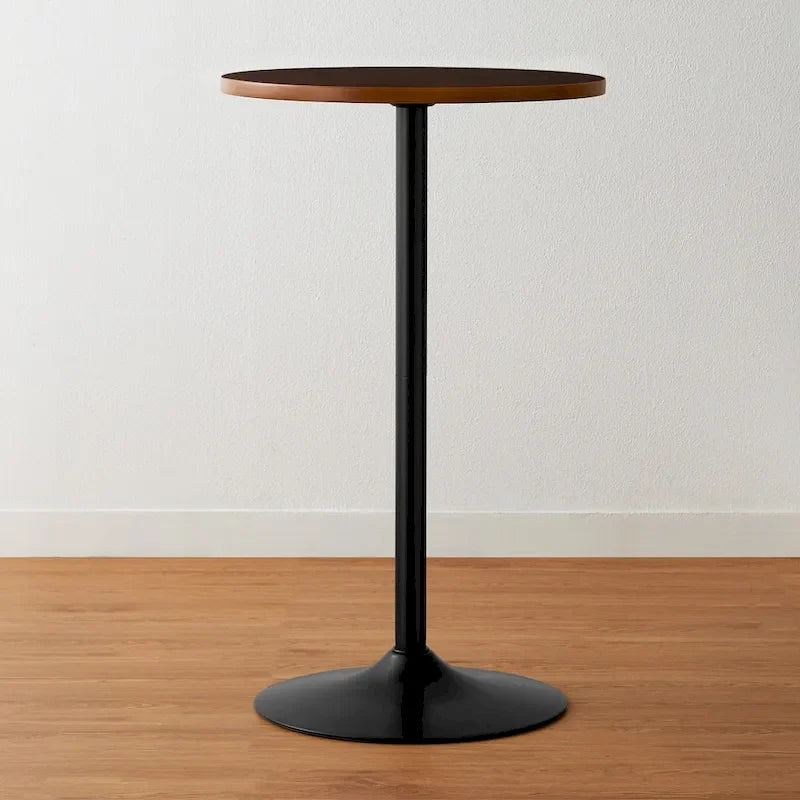 Round Bistro Pub Bar Table with Walnut Veneer Top and Black Metal Base