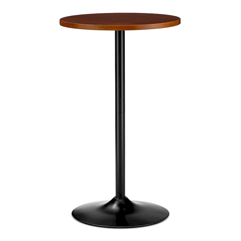 Round Bistro Pub Bar Table with Walnut Veneer Top and Black Metal Base