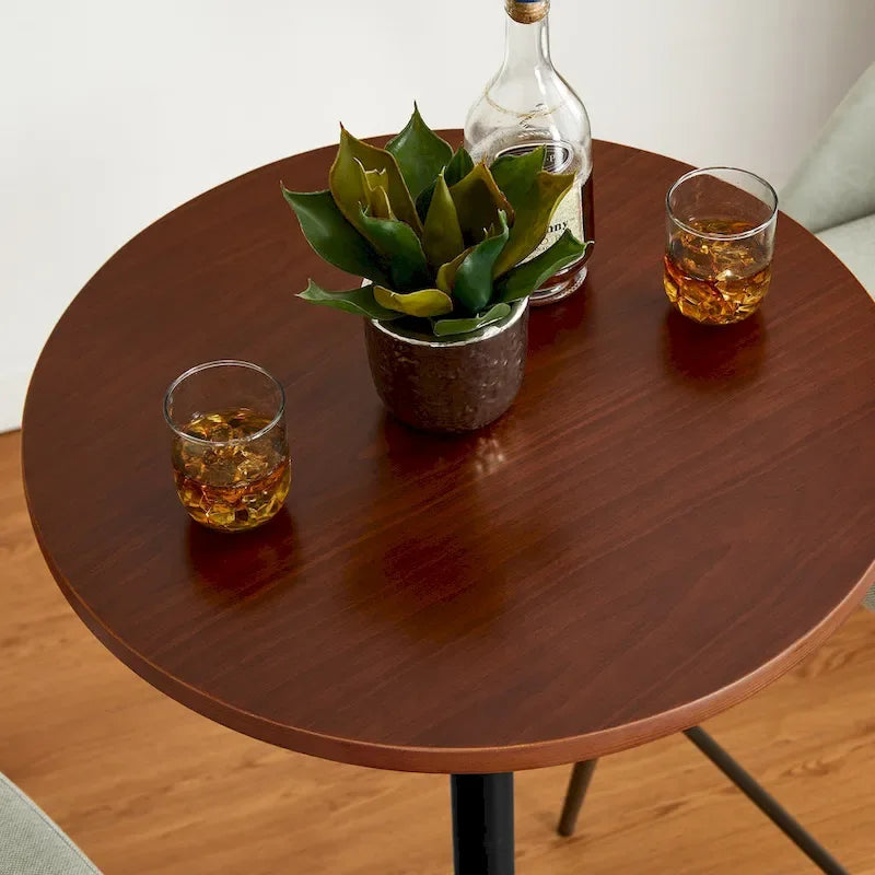 Round Bistro Pub Bar Table with Walnut Veneer Top and Black Metal Base