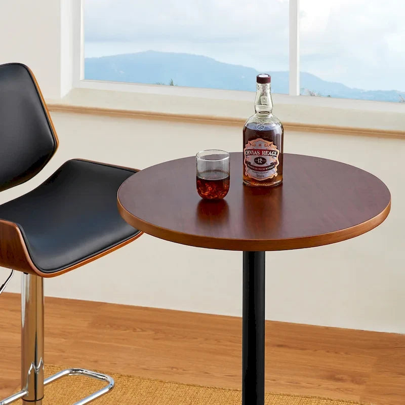 Round Bistro Pub Bar Table with Walnut Veneer Top and Black Metal Base
