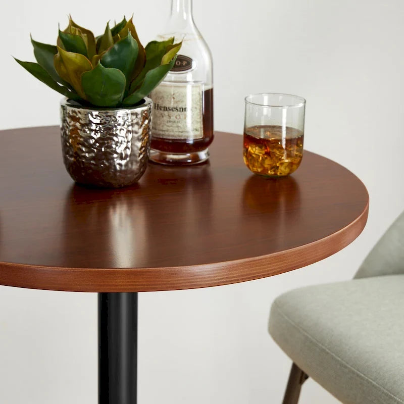 Round Bistro Pub Bar Table with Walnut Veneer Top and Black Metal Base