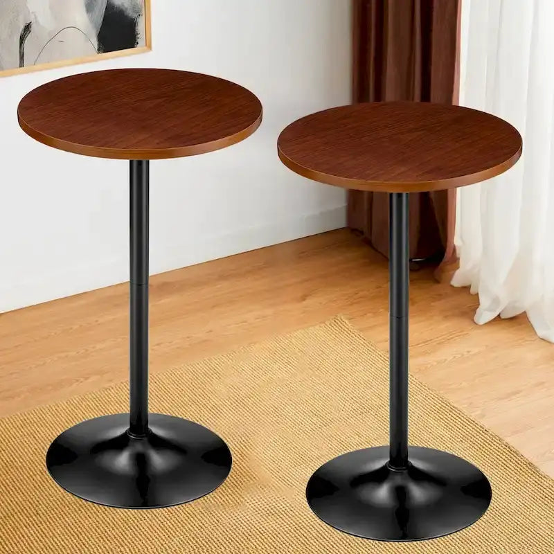 Round Bistro Pub Bar Table with Walnut Veneer Top and Black Metal Base